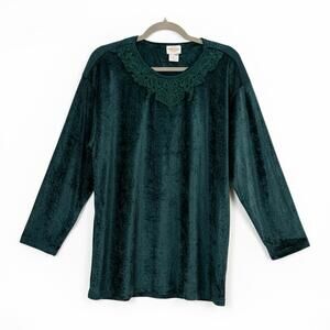 Vintage 90s Bentley Emerald Green Crushed Velvet Lace Top – Women’s Large